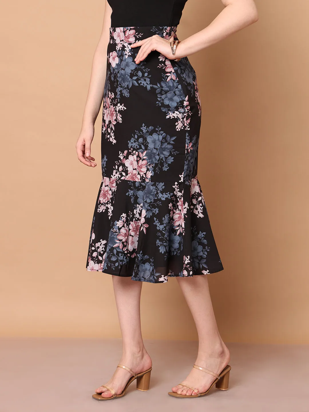 Black Polyester Radiant Reflections Floral Midi Skirt