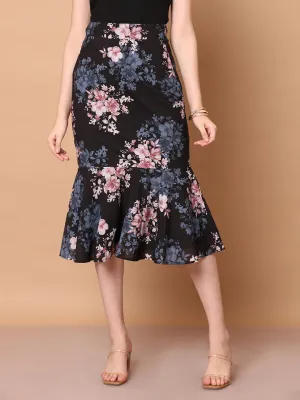 Black Polyester Radiant Reflections Floral Midi Skirt