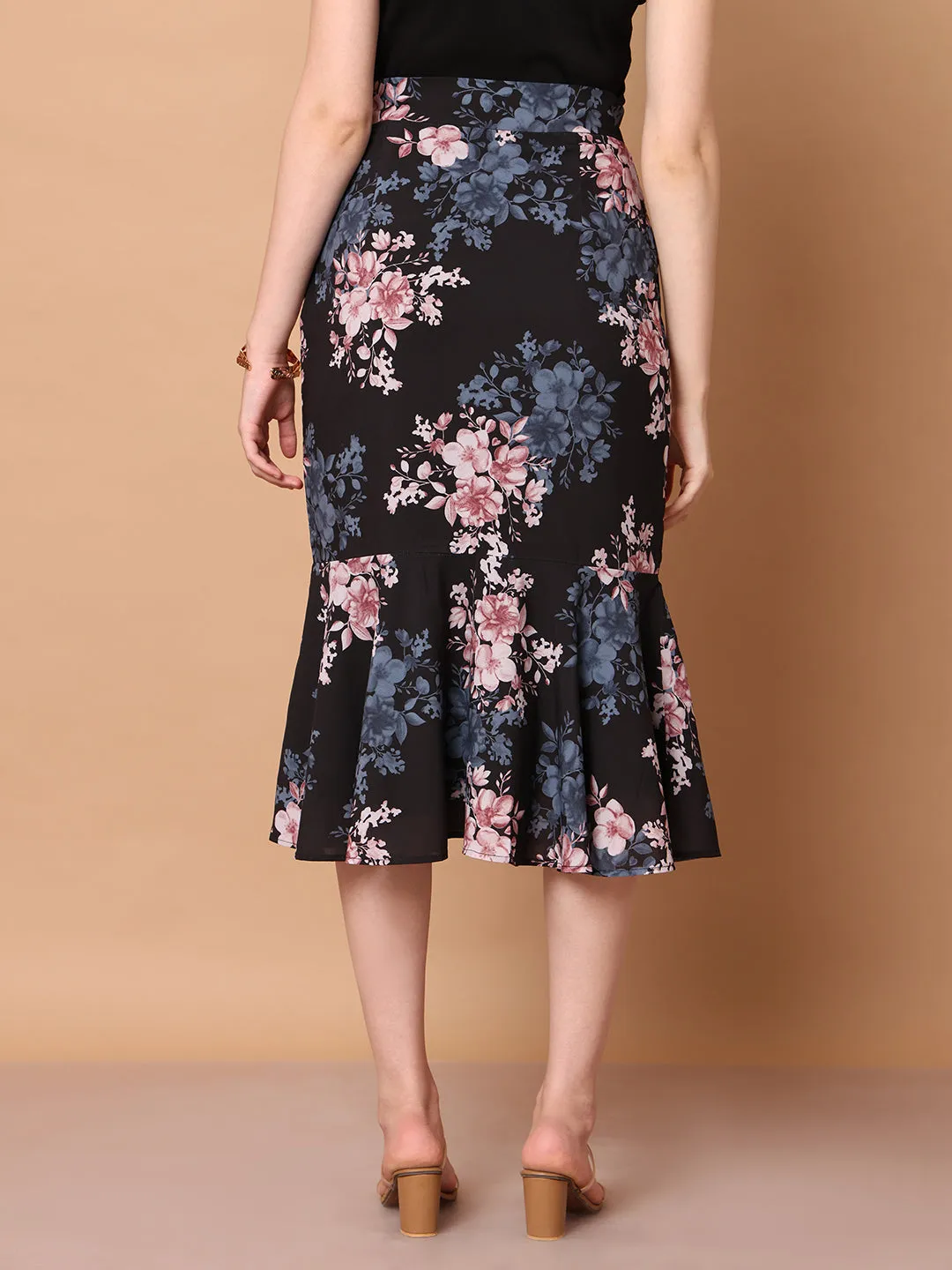 Black Polyester Radiant Reflections Floral Midi Skirt