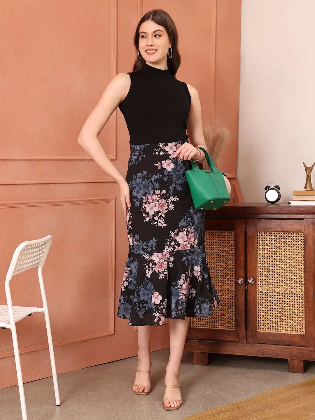 Black Polyester Radiant Reflections Floral Midi Skirt
