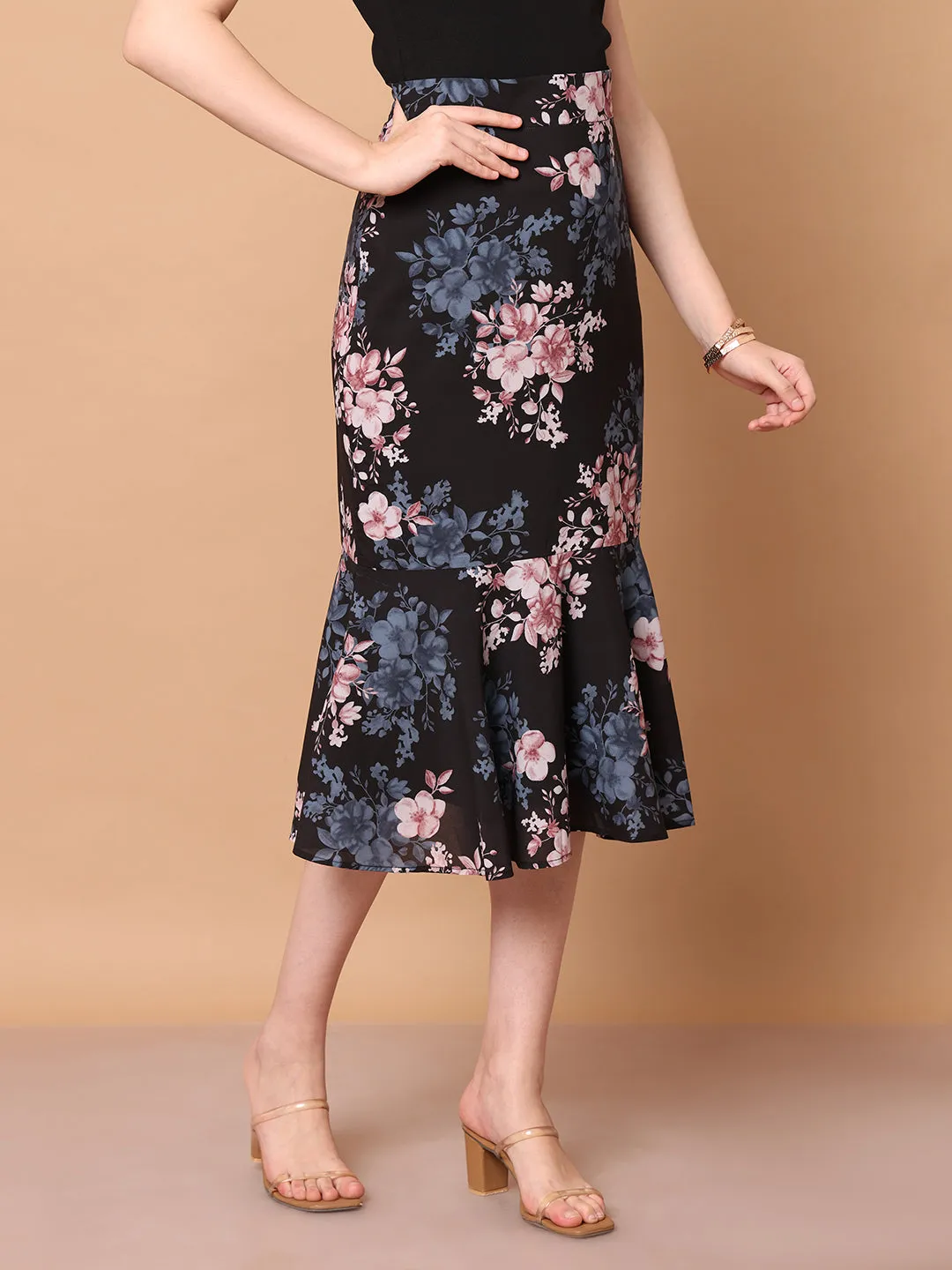 Black Polyester Radiant Reflections Floral Midi Skirt