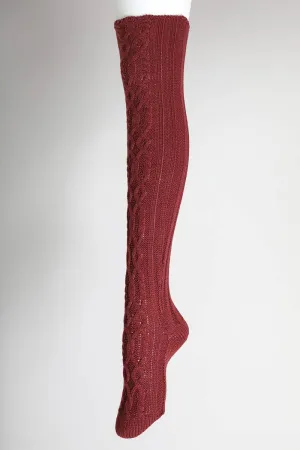 Bold & Cozy Thigh-High Cable Knit Socks - Burgundy