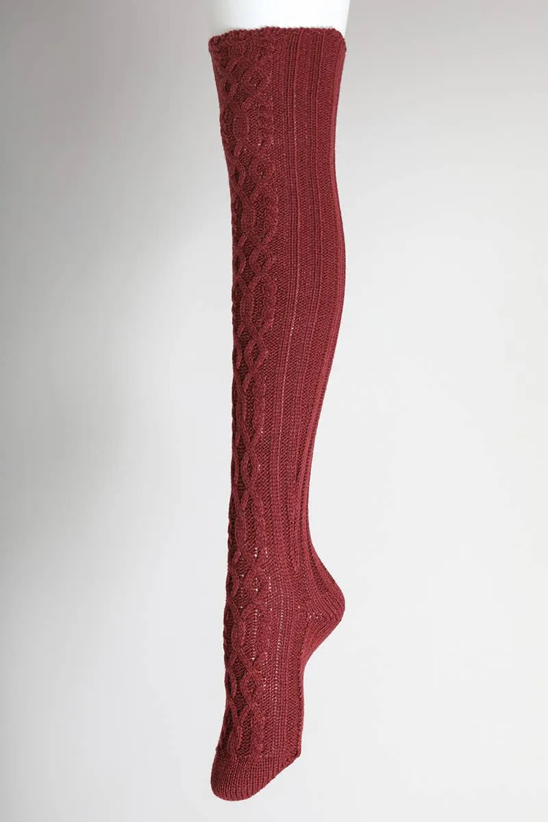 Bold & Cozy Thigh-High Cable Knit Socks - Burgundy