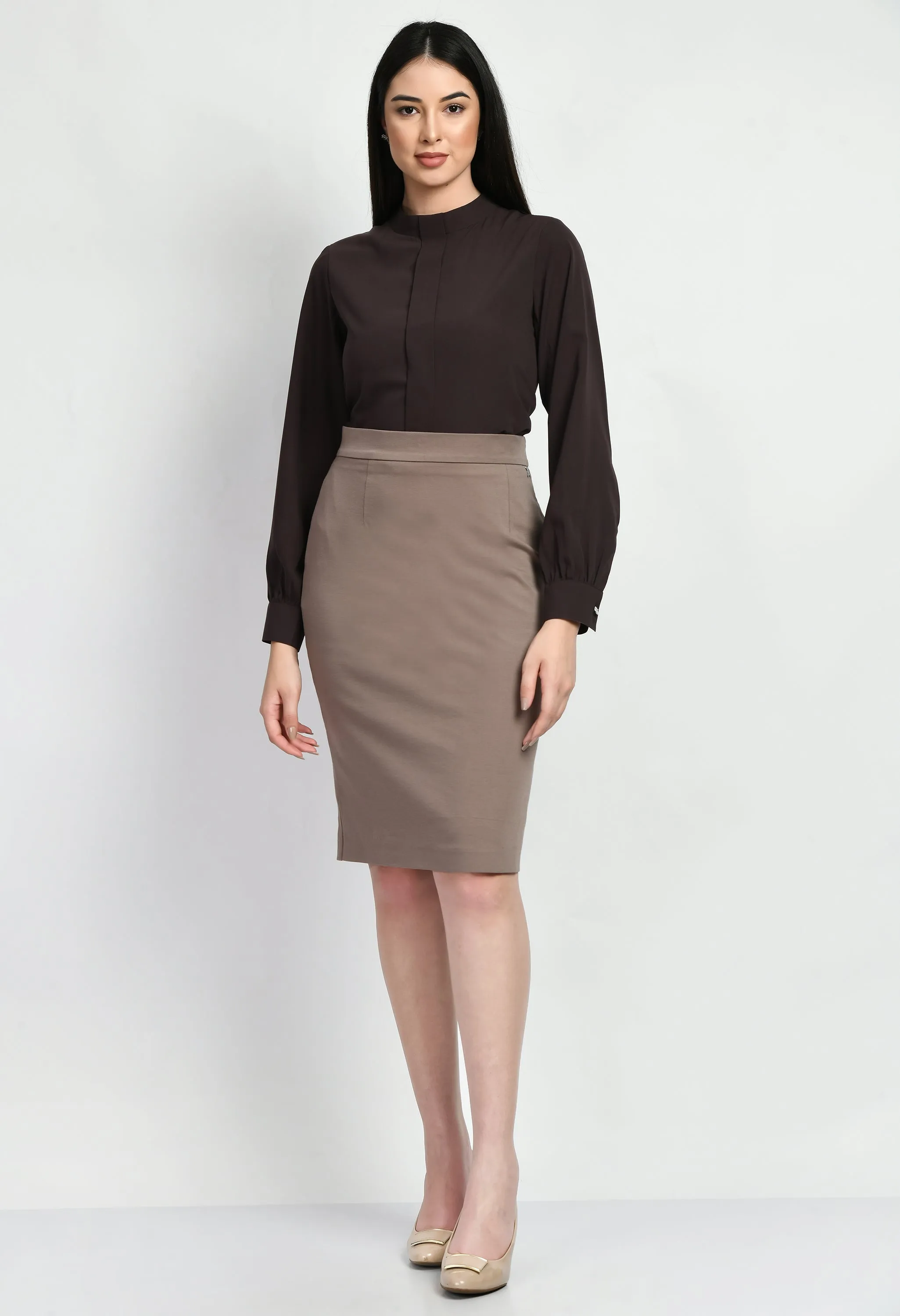 Coffee Brown Foresight High Neck Front Pleat Top