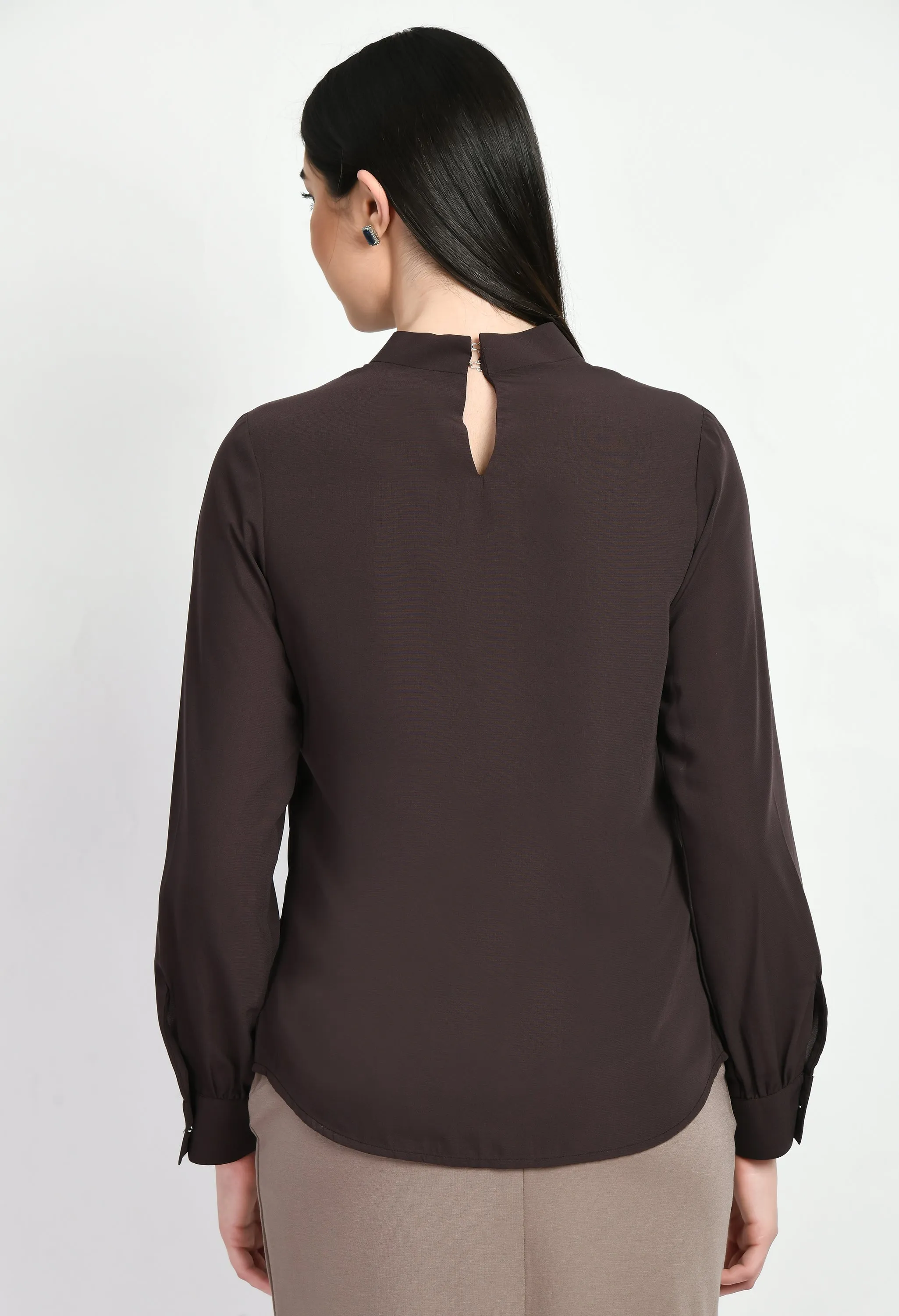 Coffee Brown Foresight High Neck Front Pleat Top