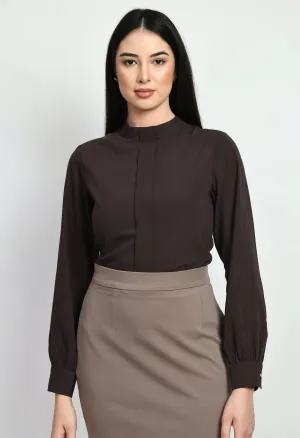 Coffee Brown Foresight High Neck Front Pleat Top