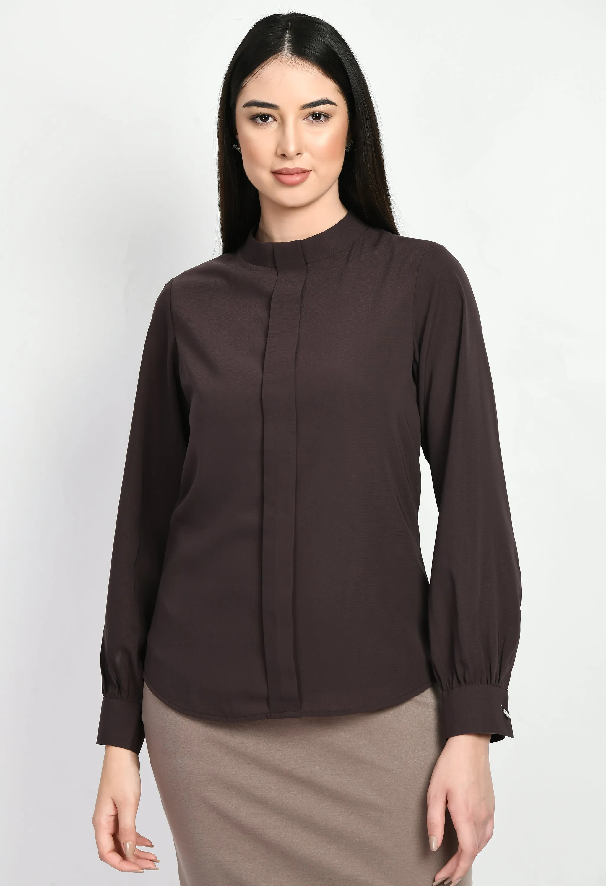 Coffee Brown Foresight High Neck Front Pleat Top