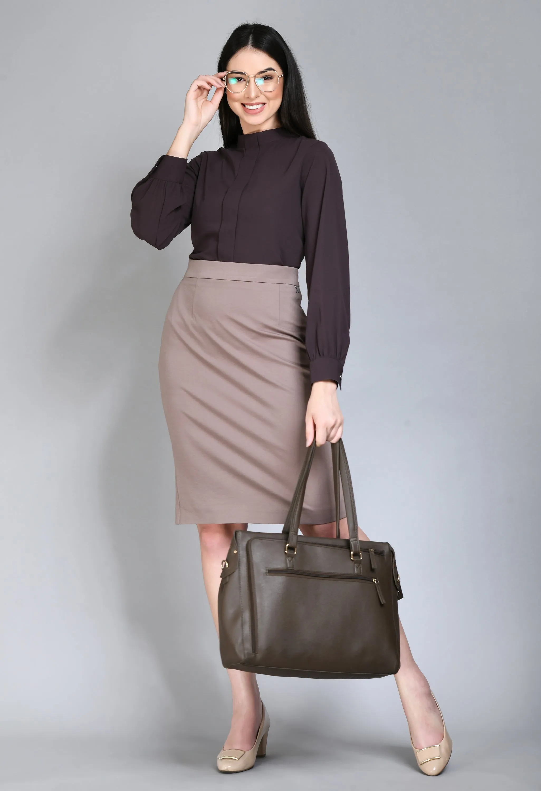 Coffee Brown Foresight High Neck Front Pleat Top