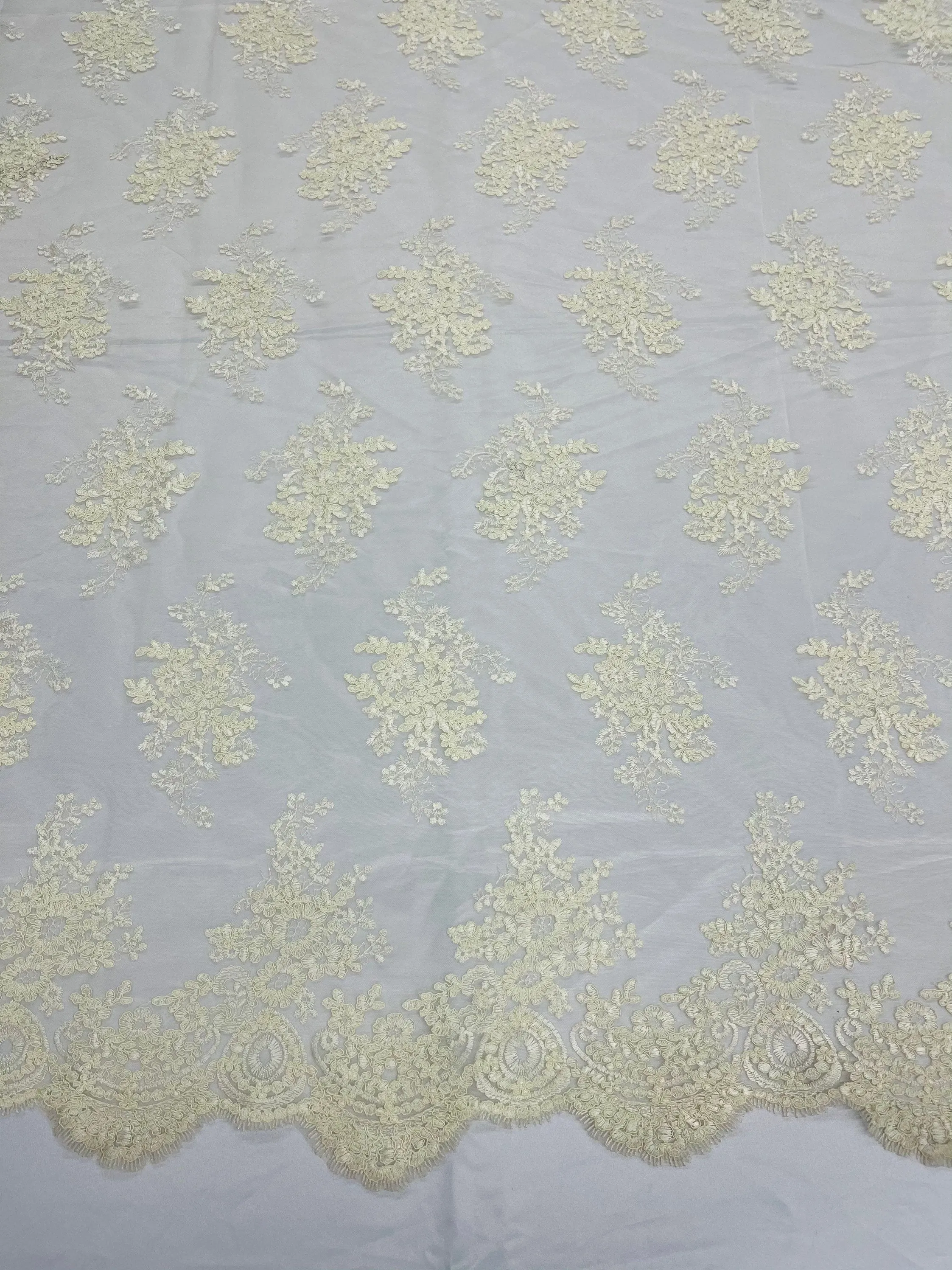 Cream/Ivory Floral Lace Fabric, Embroidery on a Mesh Lace Fabric By The Yard For Gown, Wedding-Bridal-Dress