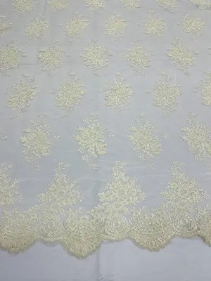 Cream/Ivory Floral Lace Fabric, Embroidery on a Mesh Lace Fabric By The Yard For Gown, Wedding-Bridal-Dress
