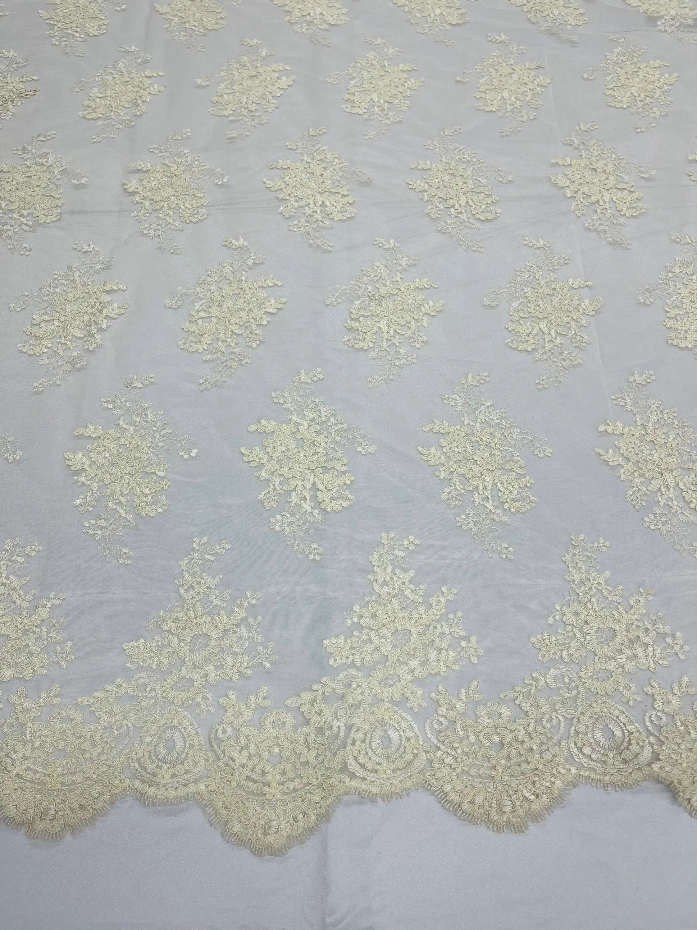 Cream/Ivory Floral Lace Fabric, Embroidery on a Mesh Lace Fabric By The Yard For Gown, Wedding-Bridal-Dress