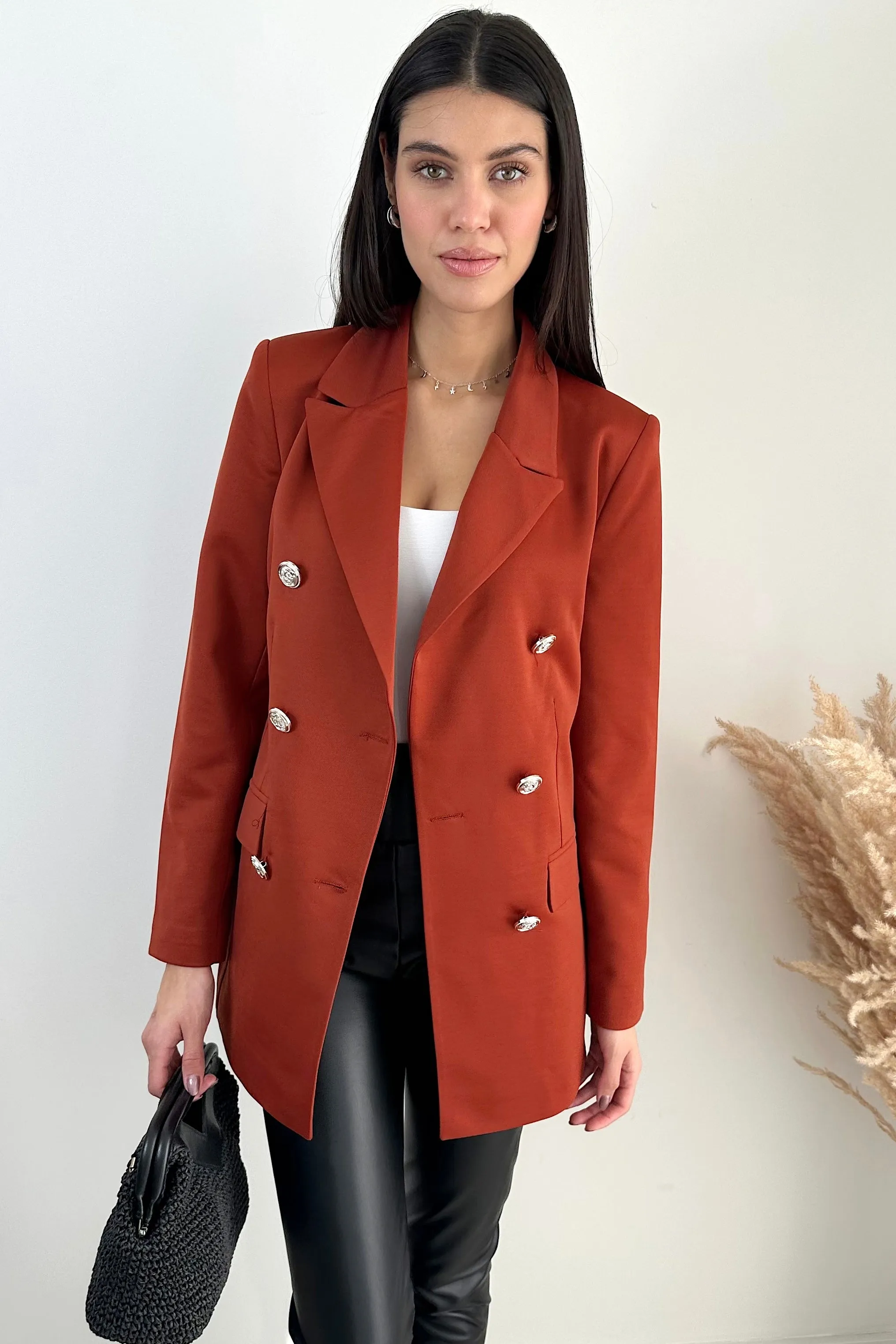 Double Breasted Blazer with Gold Buttons in Terracotta