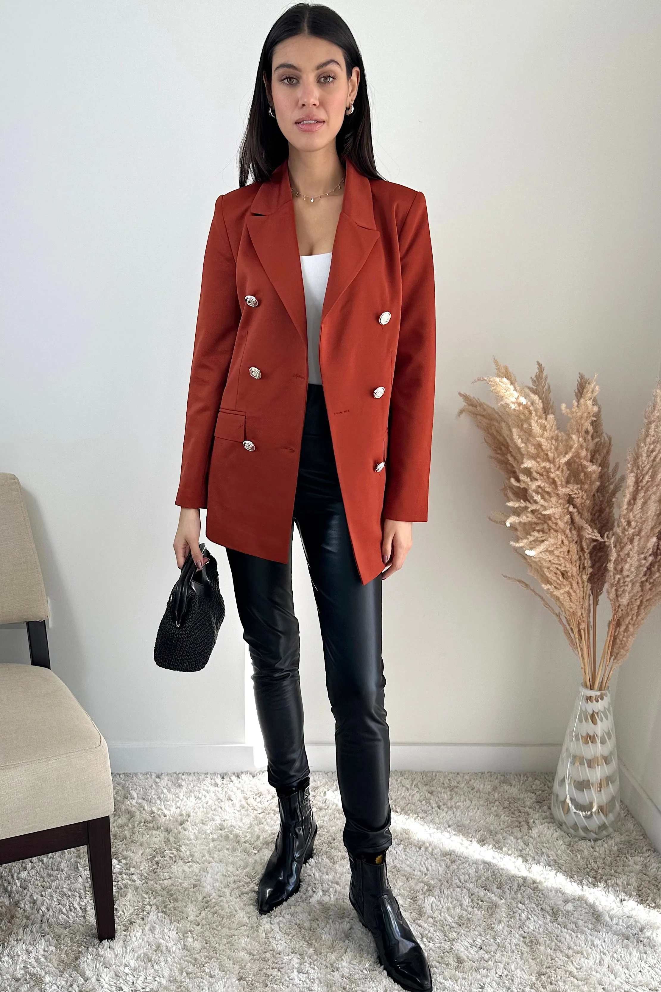Double Breasted Blazer with Gold Buttons in Terracotta