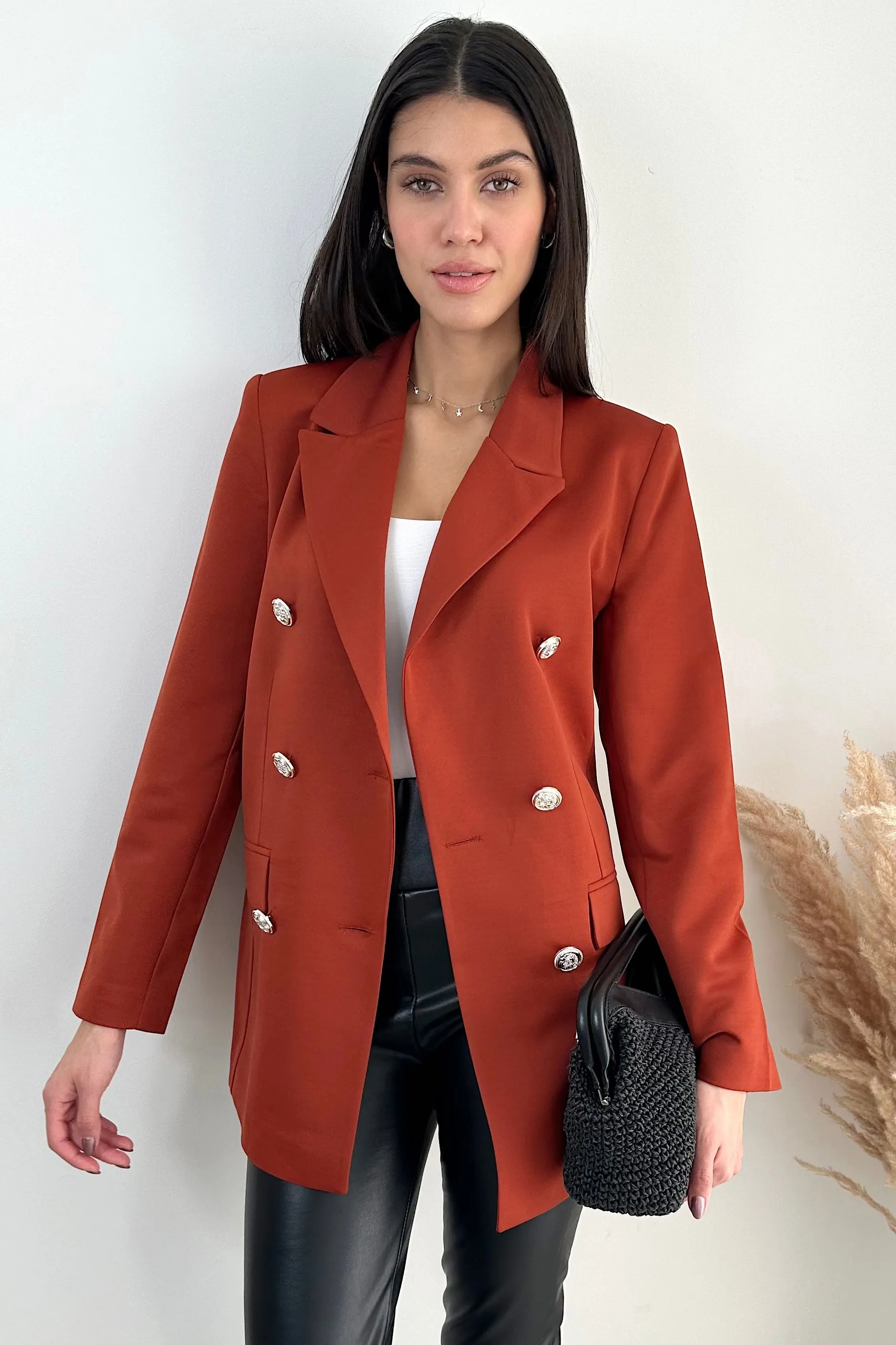 Double Breasted Blazer with Gold Buttons in Terracotta