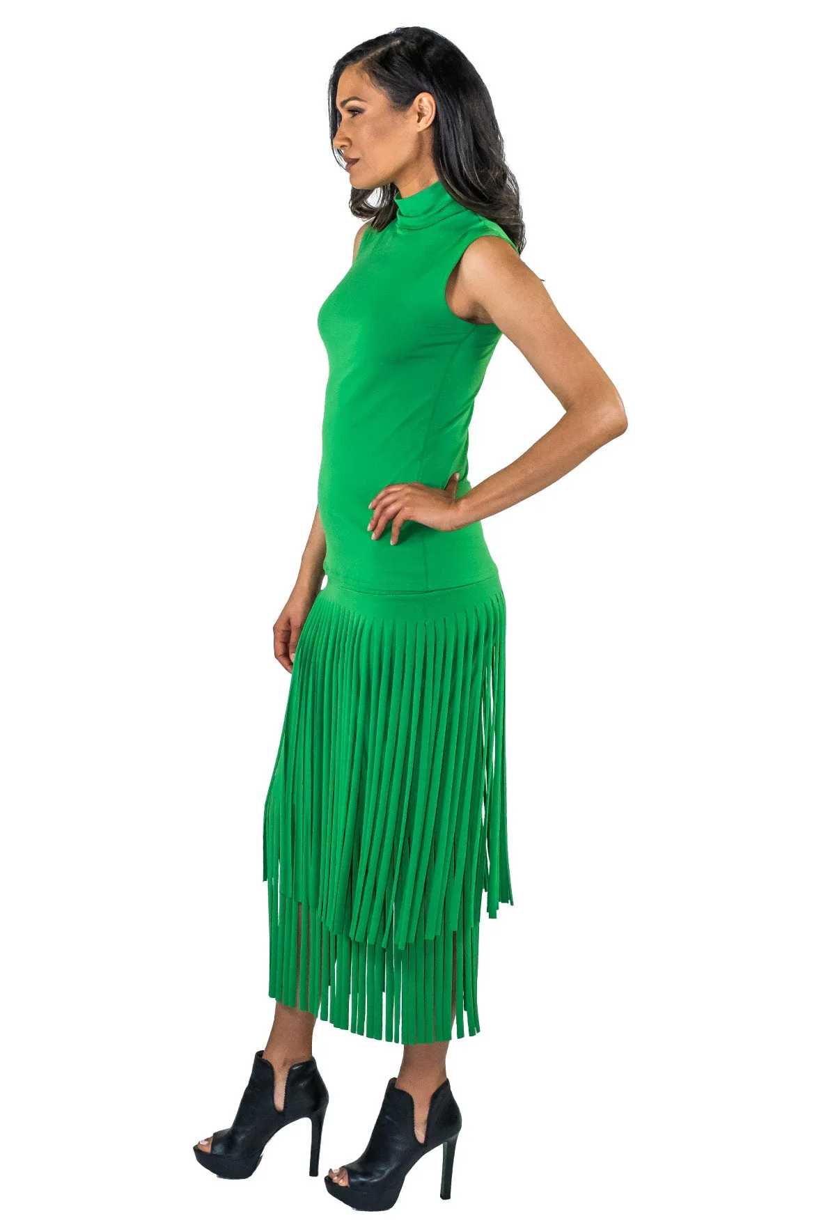 Elastic Waist Layered Calf Length Fringe Skirt