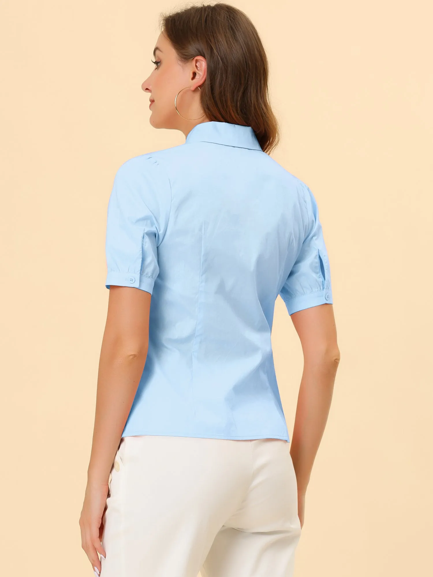 Elegant Cotton Top Blouse Puff Short Sleeve Button Front Shirt