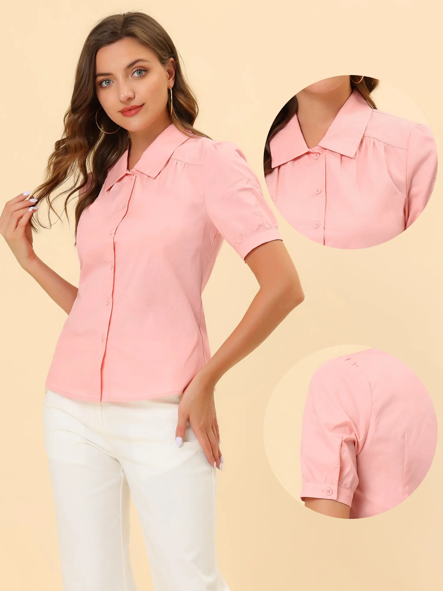Elegant Cotton Top Blouse Puff Short Sleeve Button Front Shirt