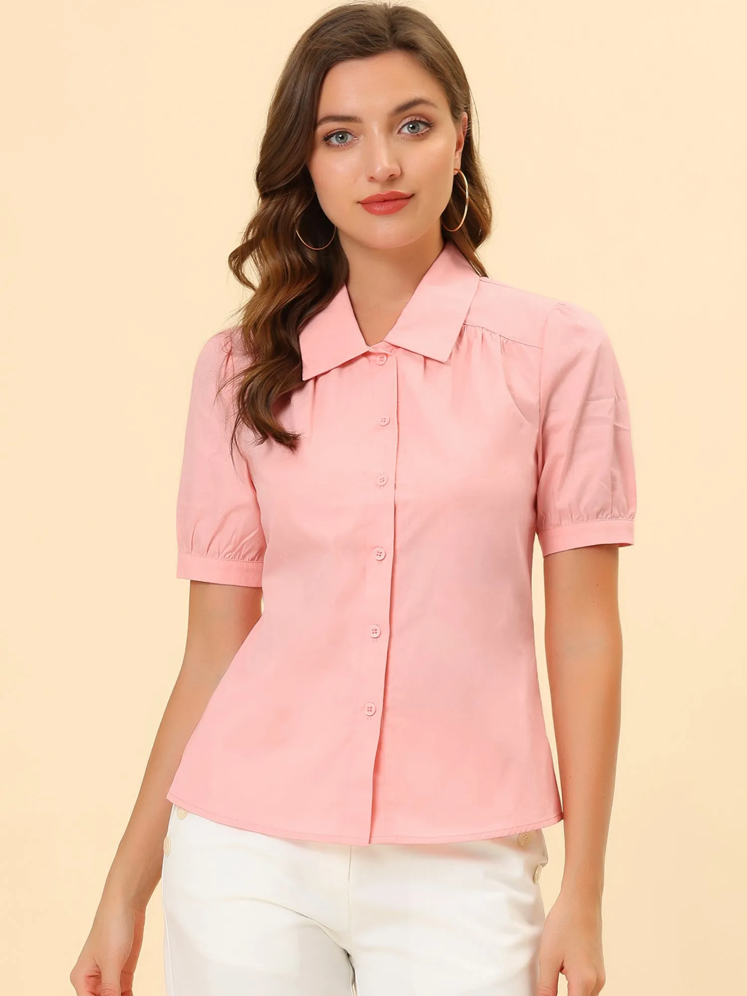 Elegant Cotton Top Blouse Puff Short Sleeve Button Front Shirt