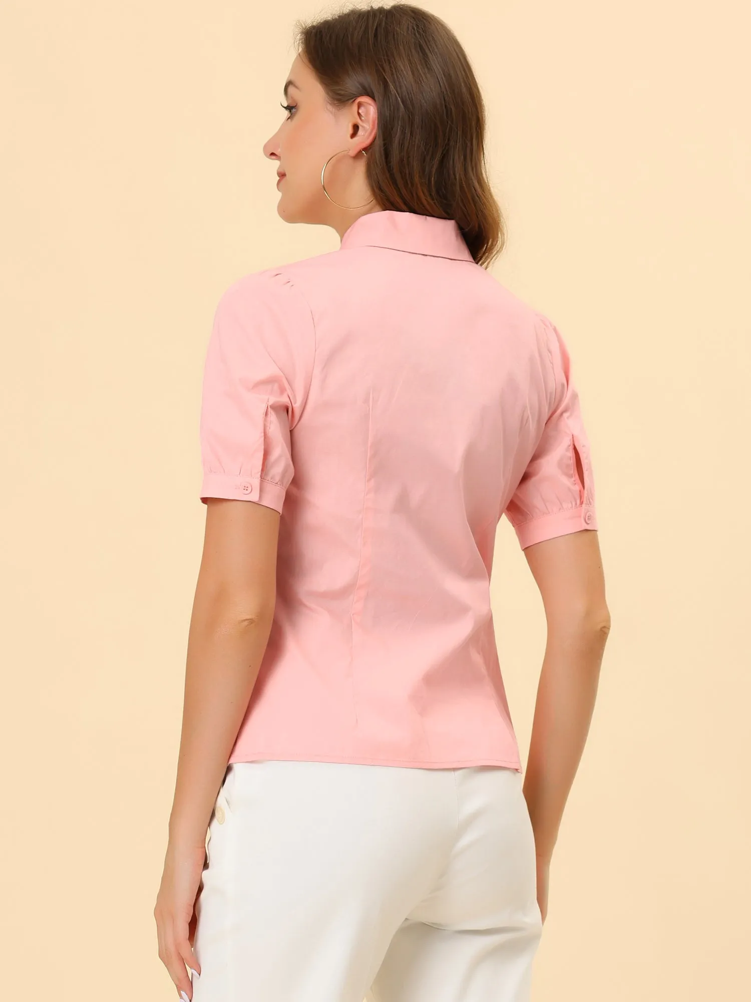 Elegant Cotton Top Blouse Puff Short Sleeve Button Front Shirt