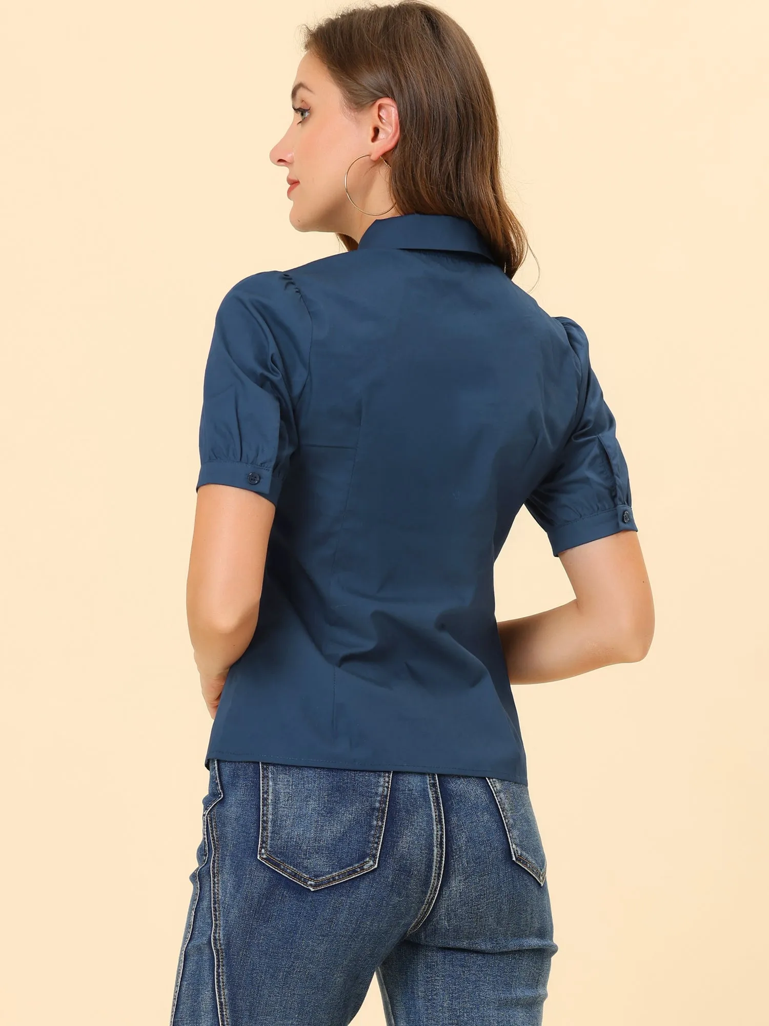 Elegant Cotton Top Blouse Puff Short Sleeve Button Front Shirt