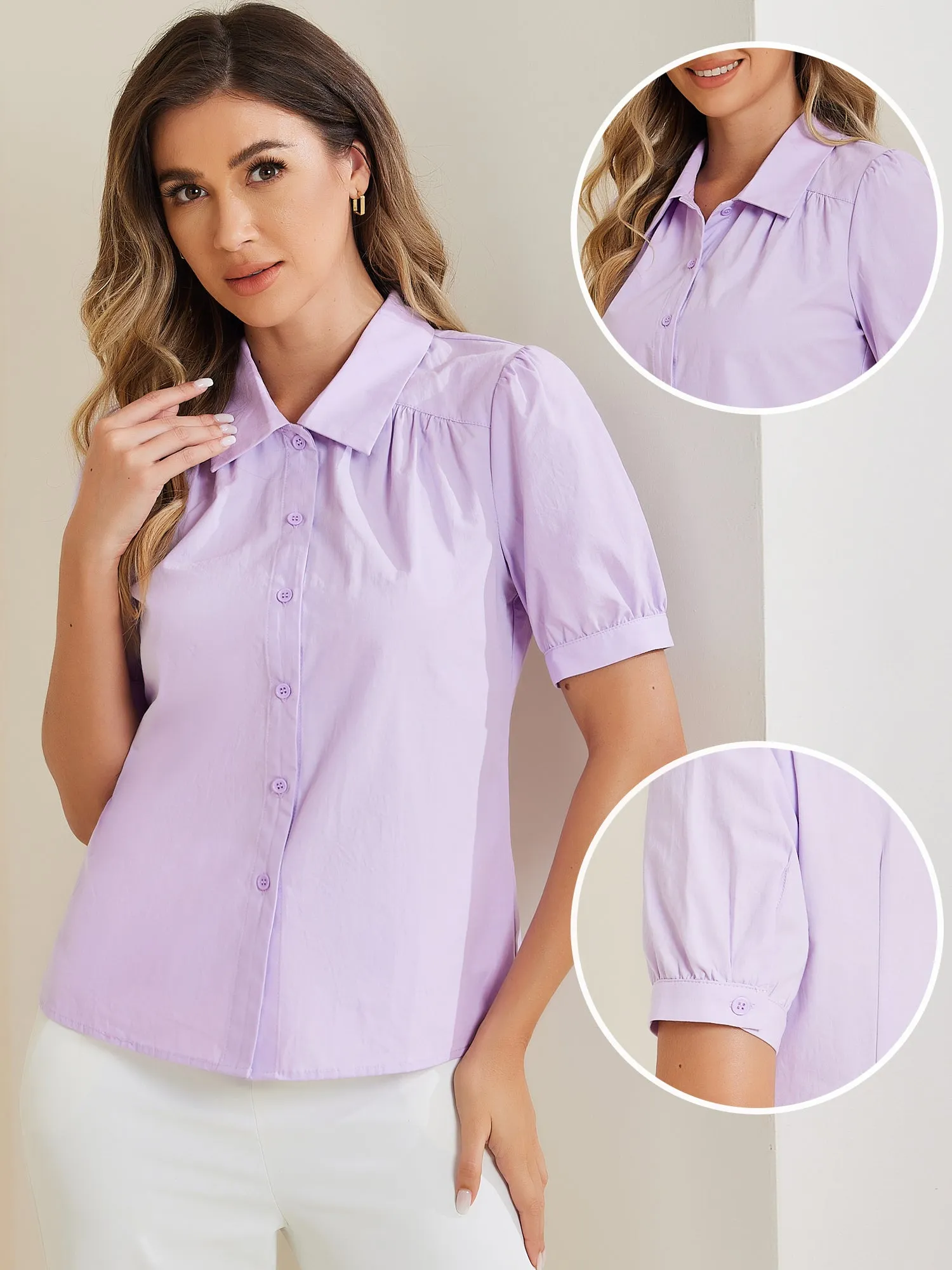 Elegant Cotton Top Blouse Puff Short Sleeve Button Front Shirt