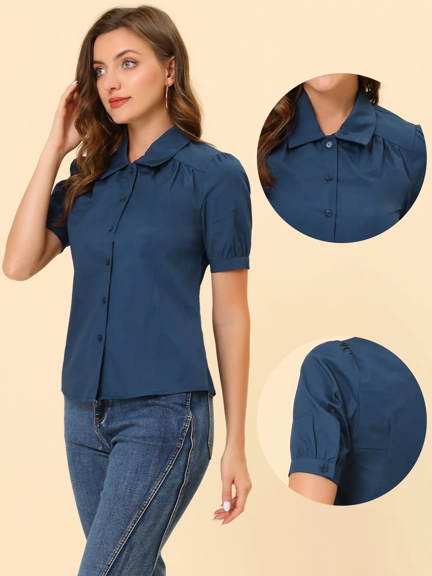 Elegant Cotton Top Blouse Puff Short Sleeve Button Front Shirt