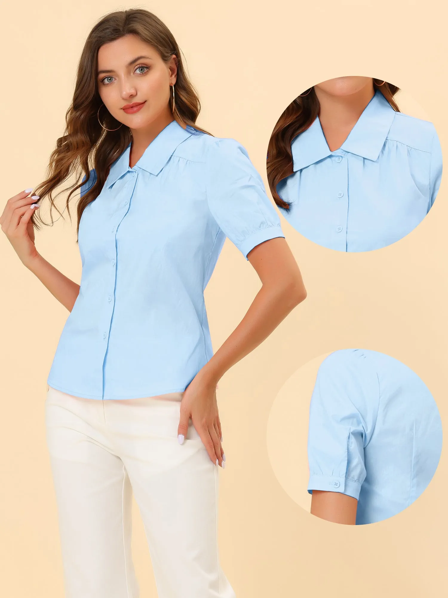 Elegant Cotton Top Blouse Puff Short Sleeve Button Front Shirt