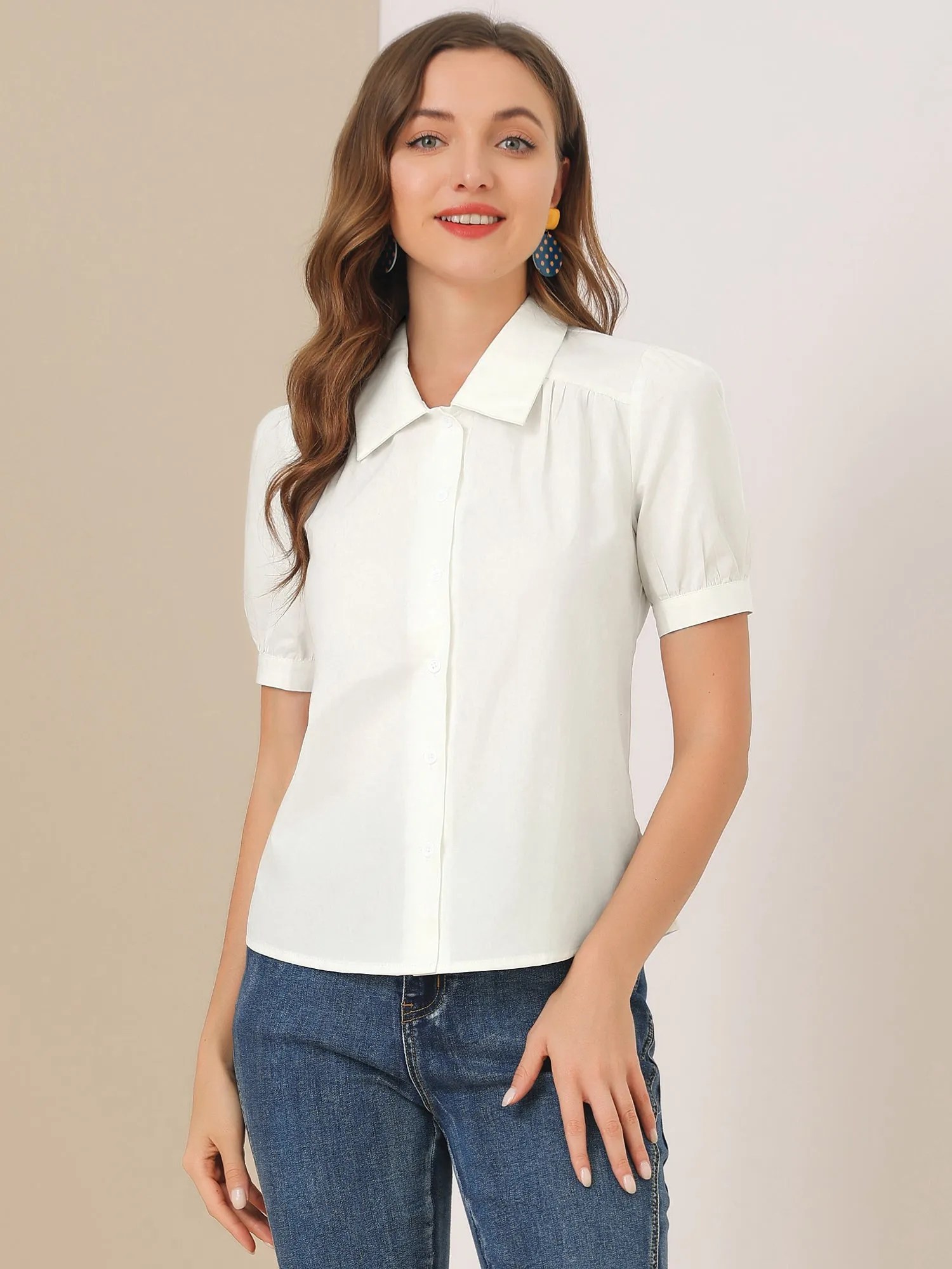 Elegant Cotton Top Blouse Puff Short Sleeve Button Front Shirt