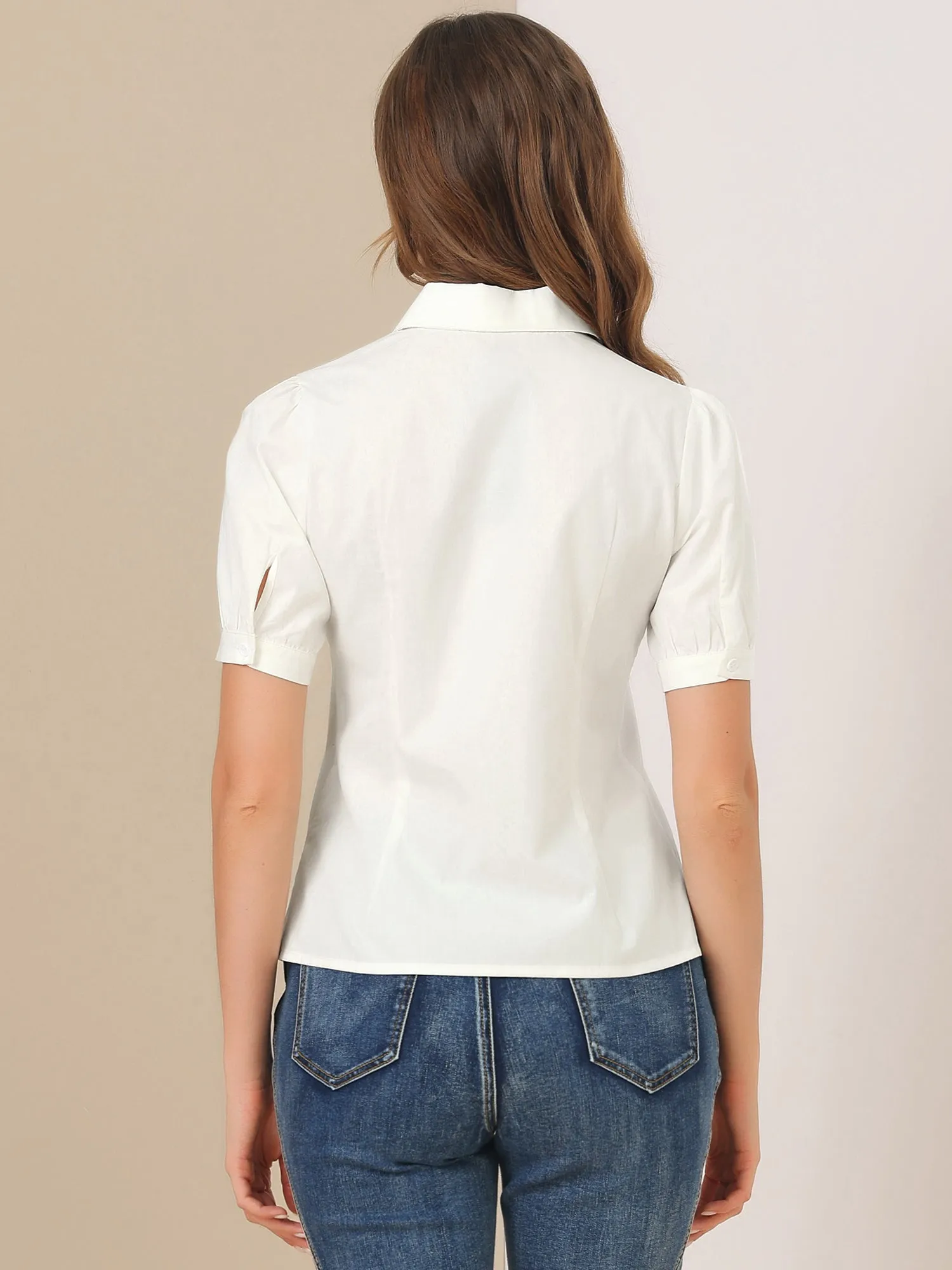 Elegant Cotton Top Blouse Puff Short Sleeve Button Front Shirt