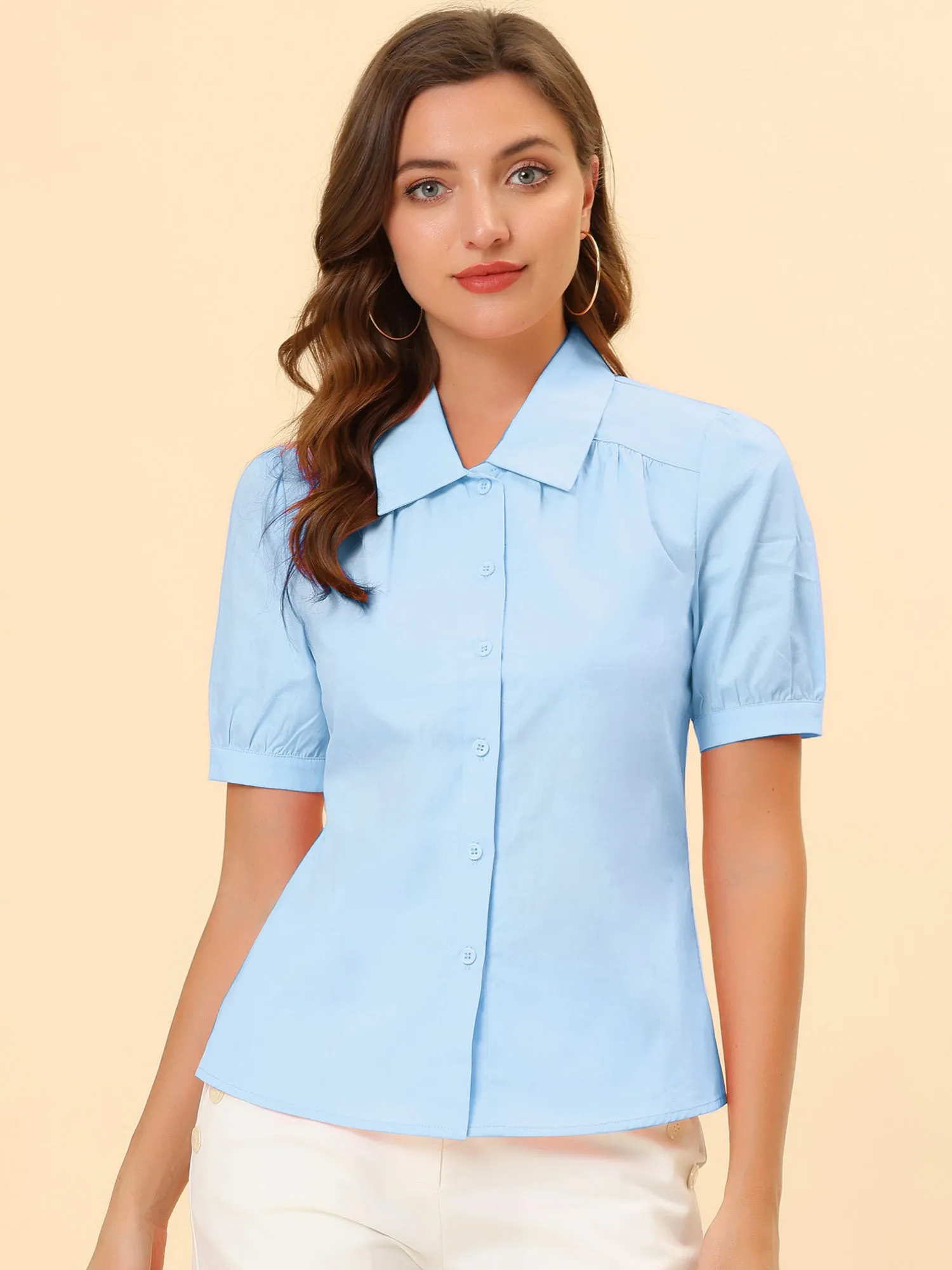 Elegant Cotton Top Blouse Puff Short Sleeve Button Front Shirt