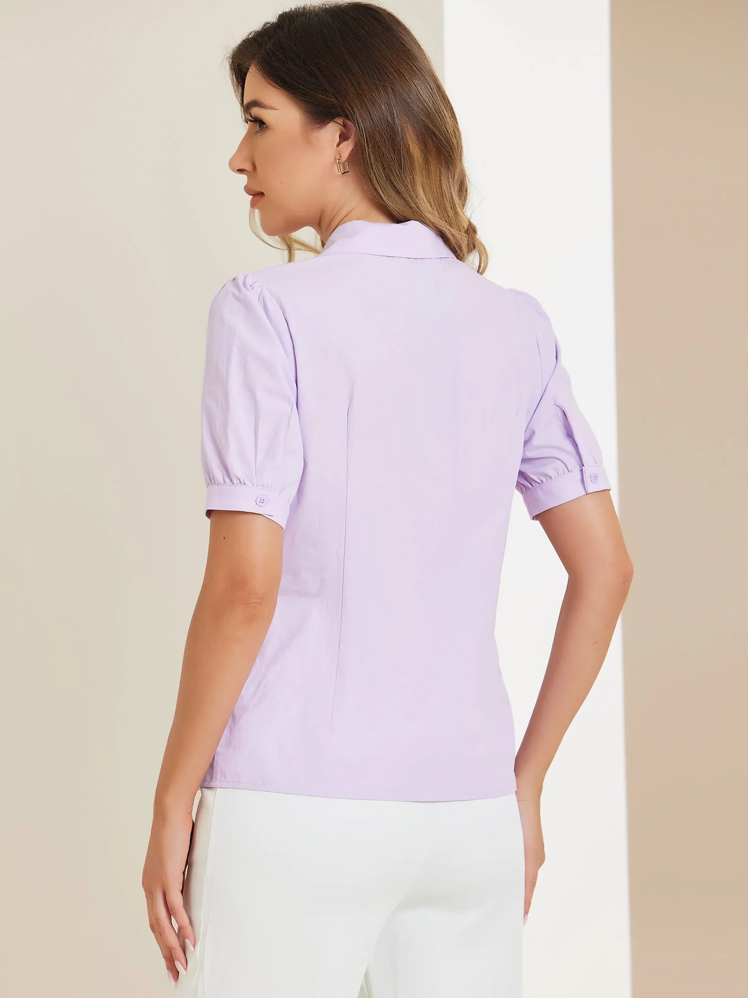 Elegant Cotton Top Blouse Puff Short Sleeve Button Front Shirt