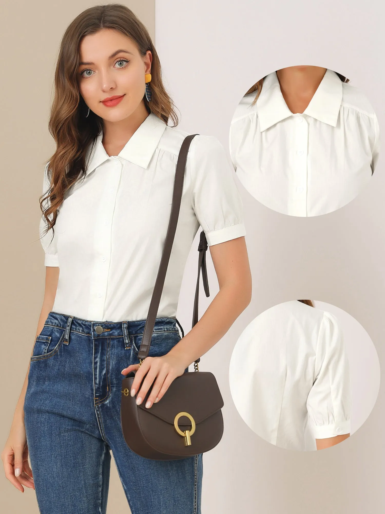Elegant Cotton Top Blouse Puff Short Sleeve Button Front Shirt