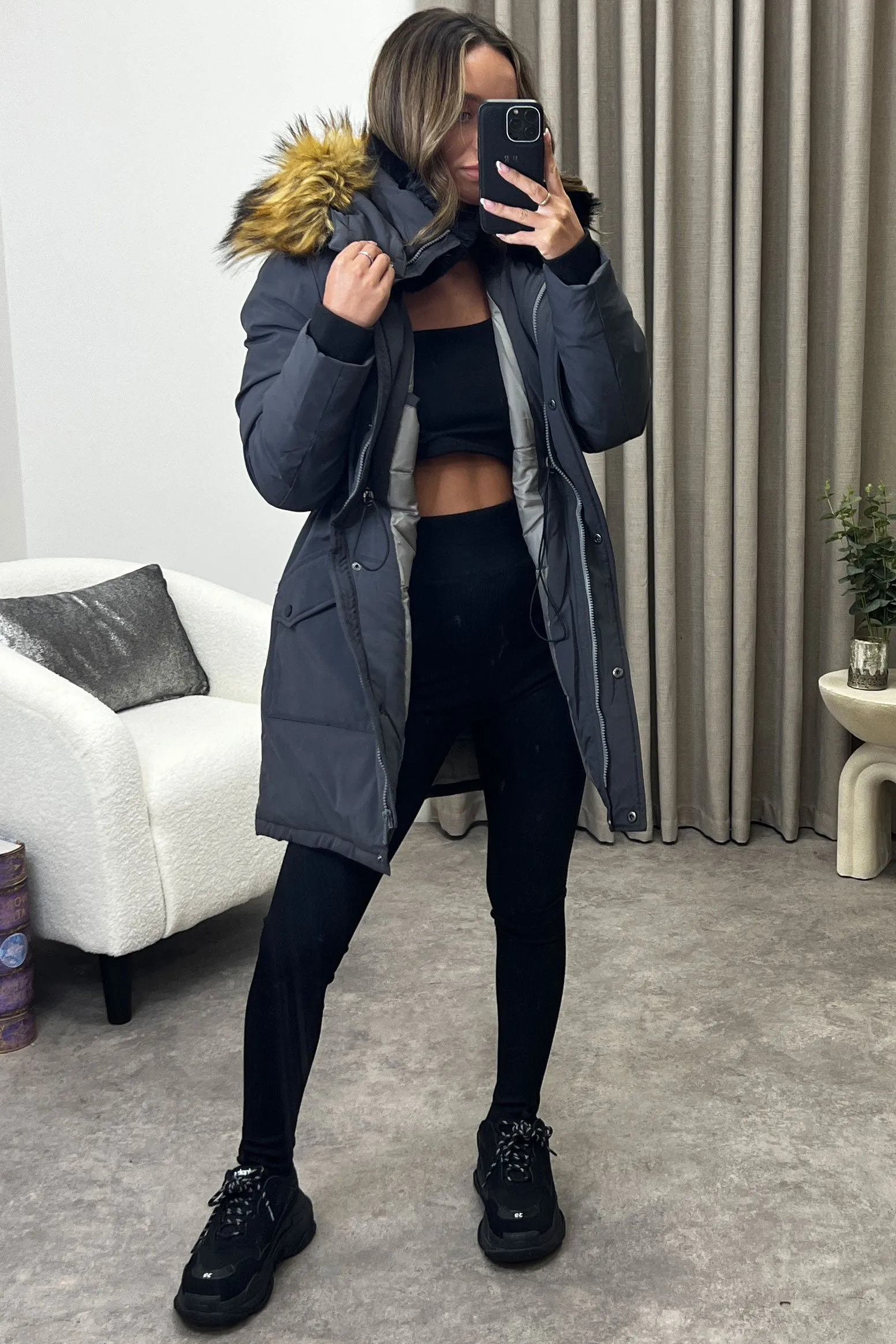 Elodie Grey Padded Faux Fur Trim Longline Hooded Coat