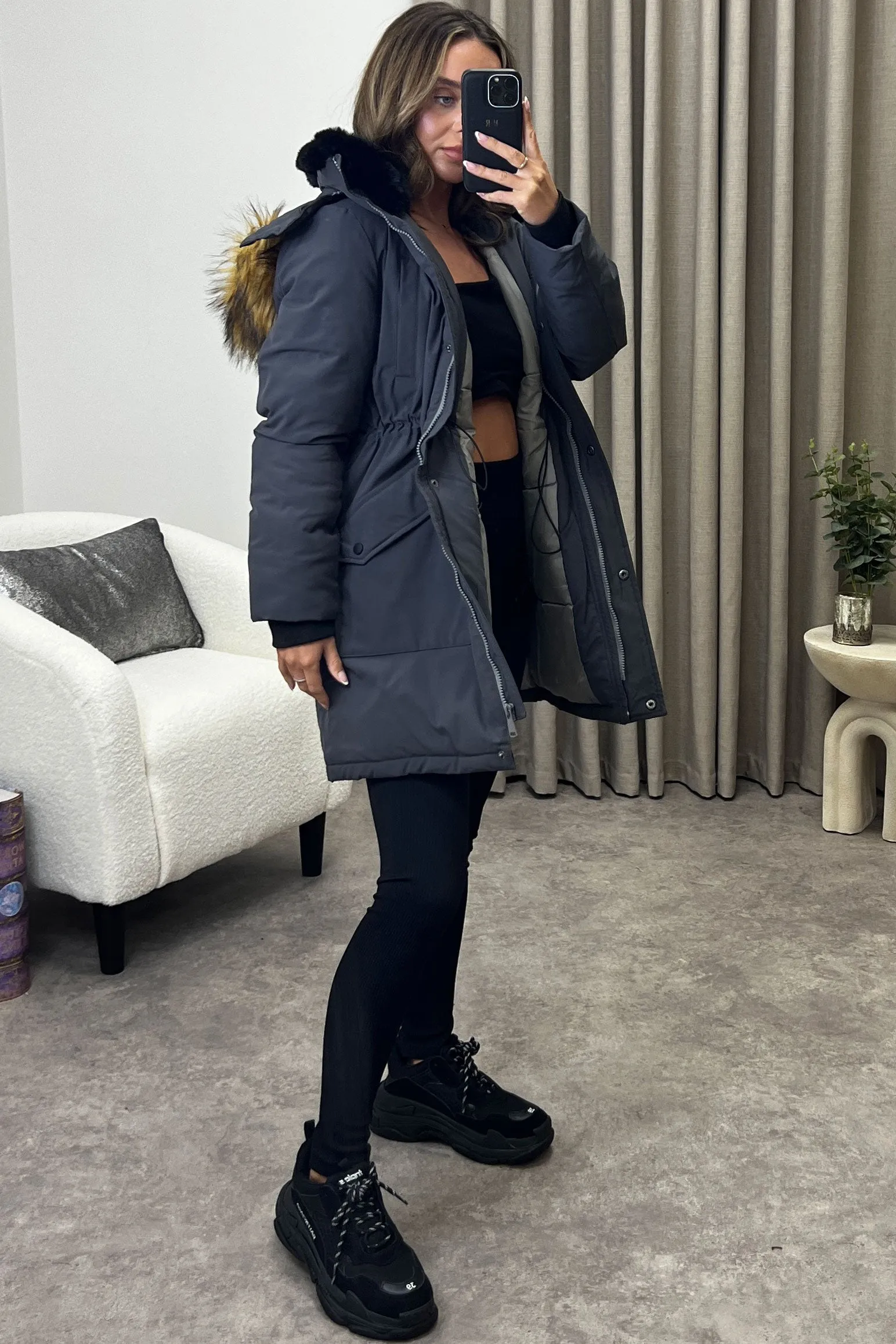 Elodie Grey Padded Faux Fur Trim Longline Hooded Coat