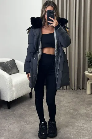 Elodie Grey Padded Faux Fur Trim Longline Hooded Coat