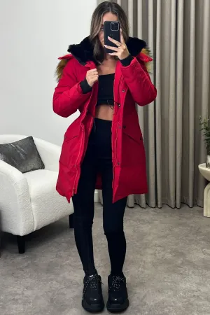 Elodie Red Padded Faux Fur Trim Longline Hooded Coat