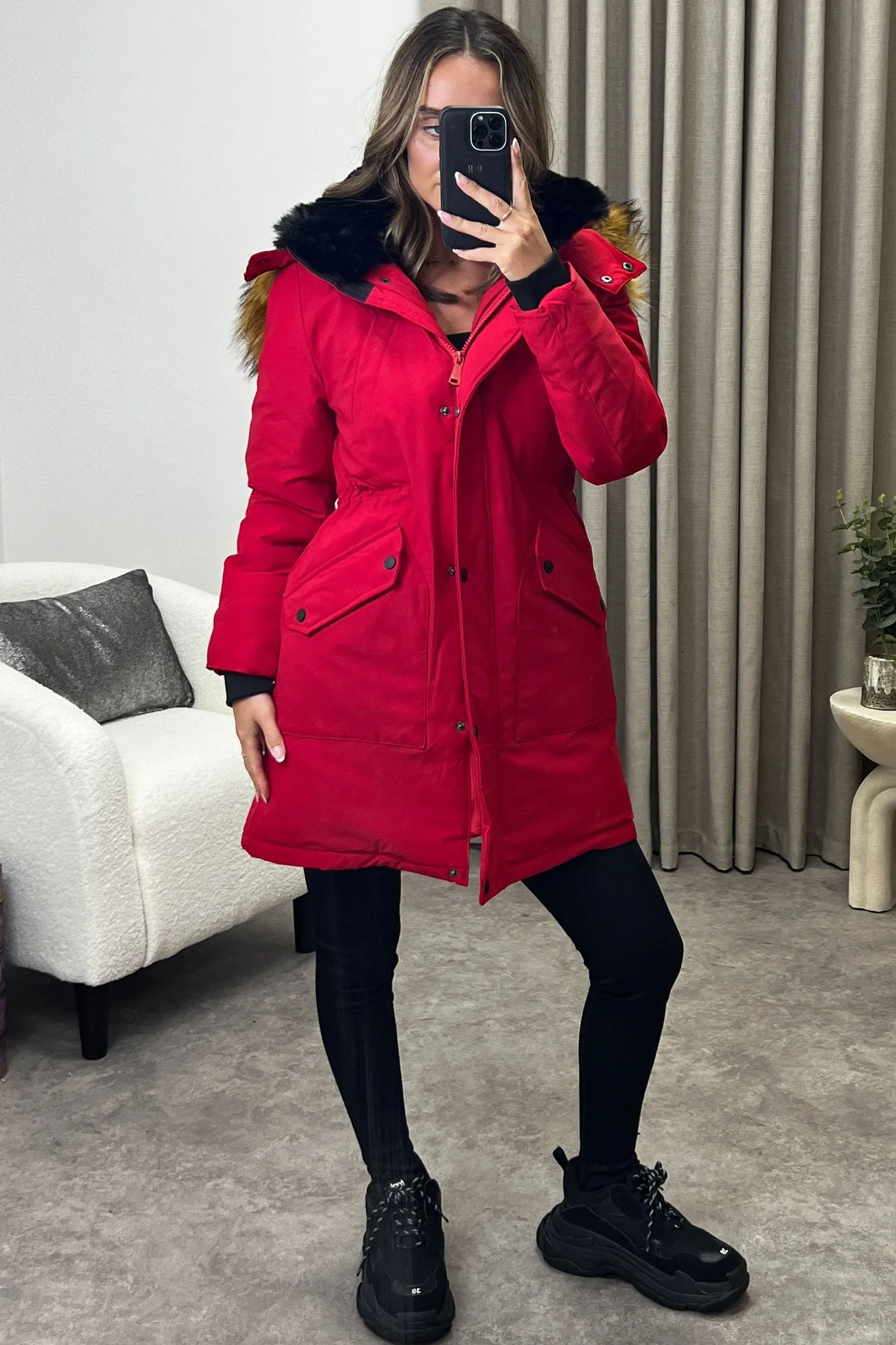 Elodie Red Padded Faux Fur Trim Longline Hooded Coat