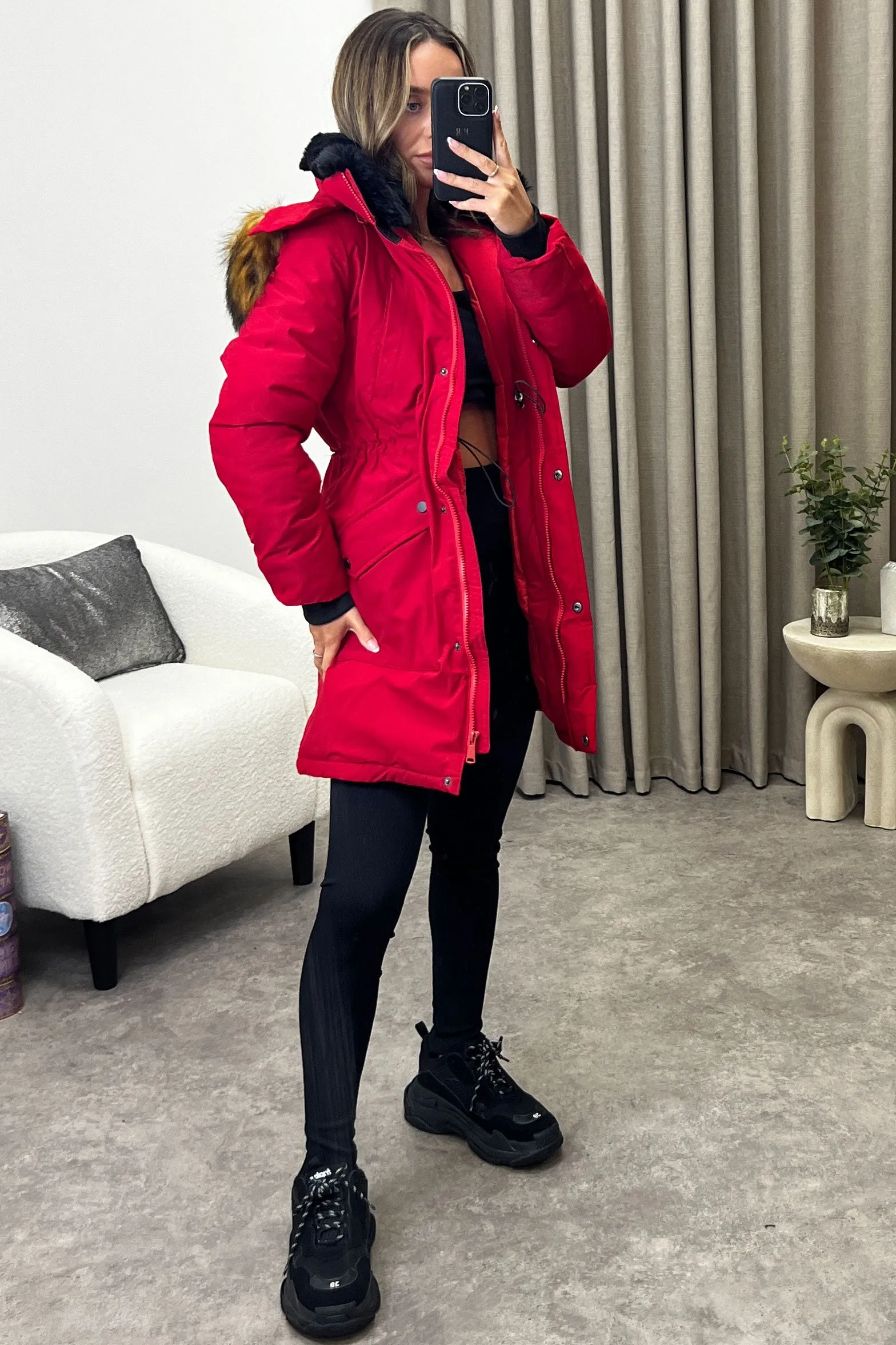 Elodie Red Padded Faux Fur Trim Longline Hooded Coat