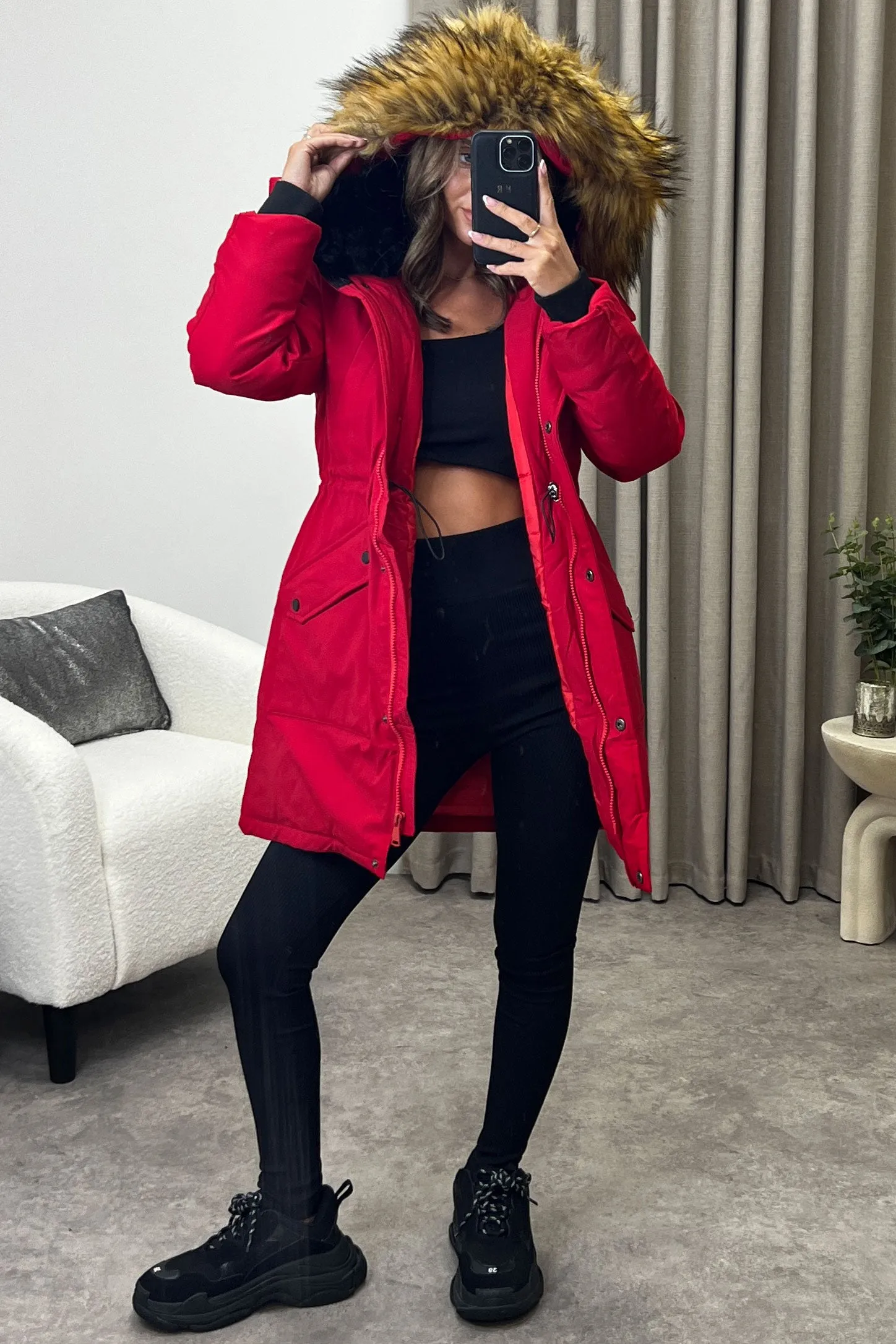 Elodie Red Padded Faux Fur Trim Longline Hooded Coat