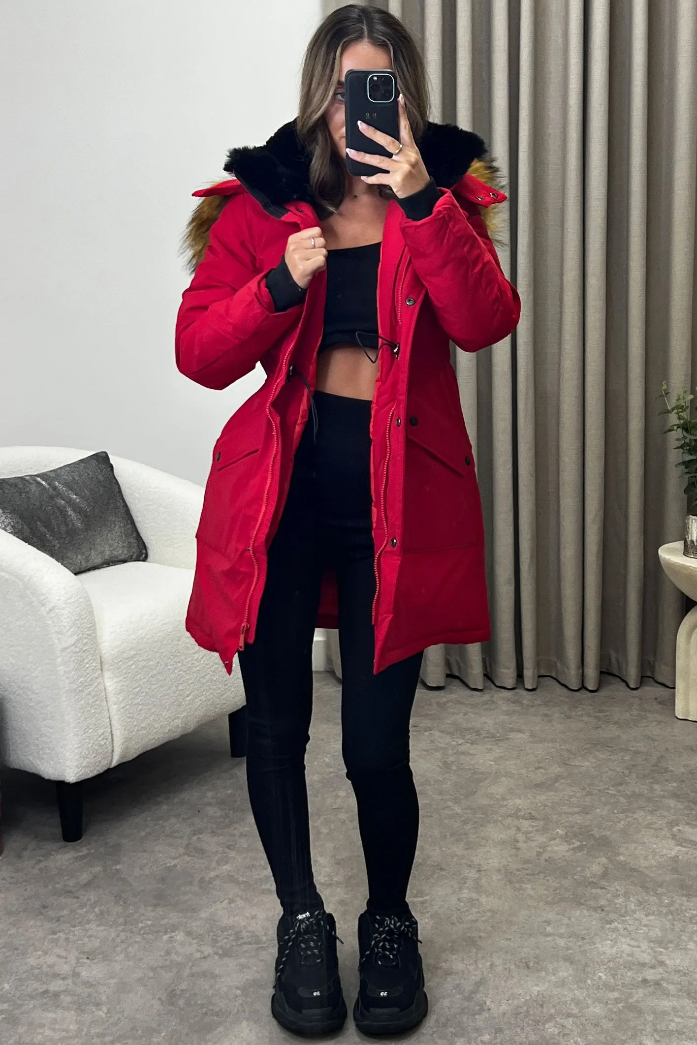 Elodie Red Padded Faux Fur Trim Longline Hooded Coat