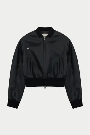 FAUX LEATHER SHOULDER PADDED BOMBER JACKET - BLACK