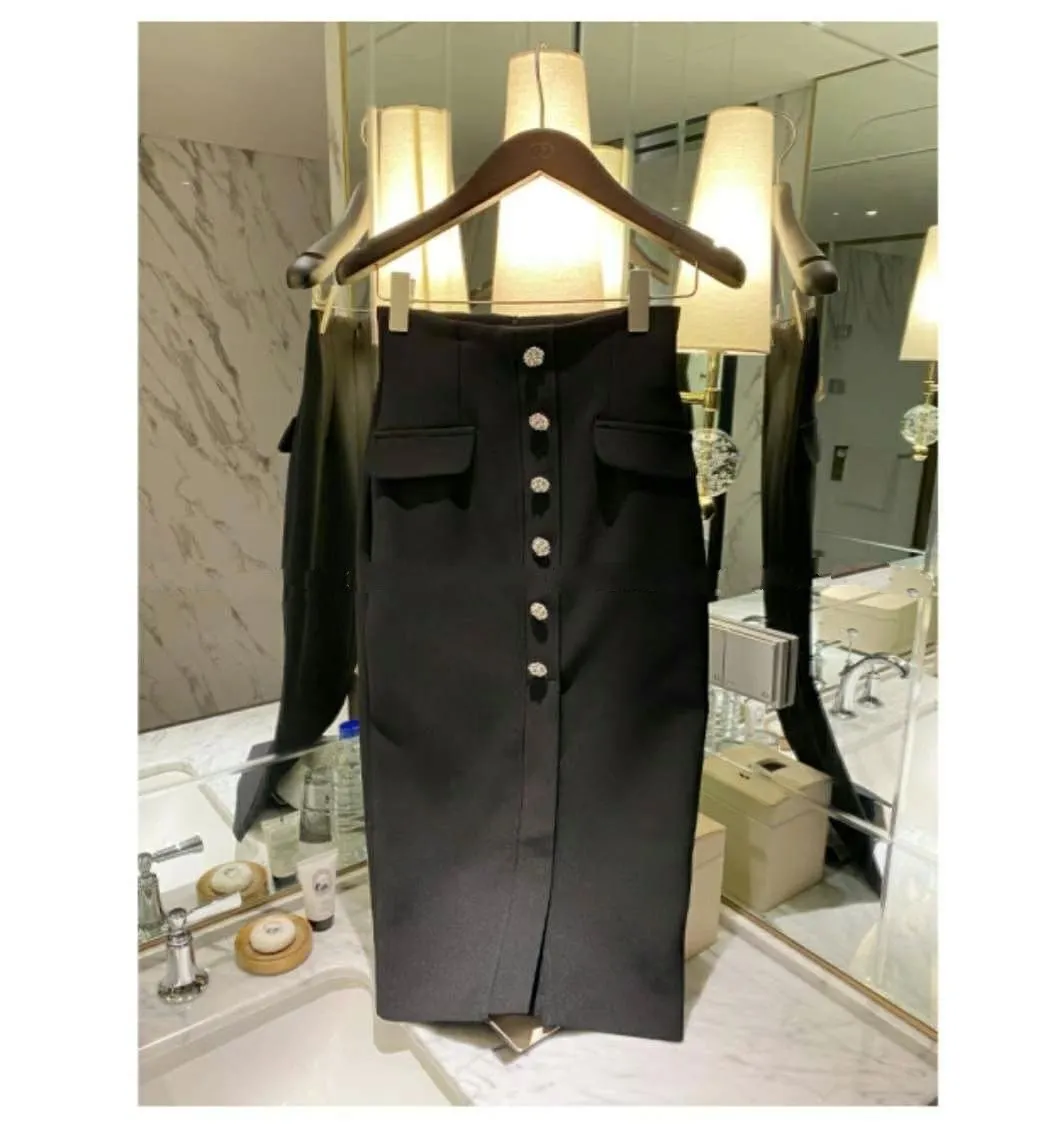 Faux Pockets Buttons Midi Formal Skirt