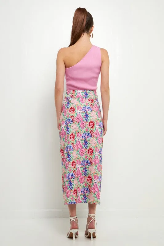 Floral High Waisted Midi Skirt W/ Slit