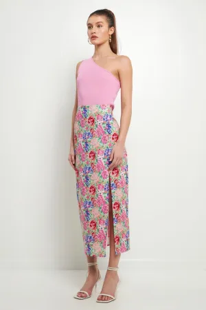 Floral High Waisted Midi Skirt W/ Slit