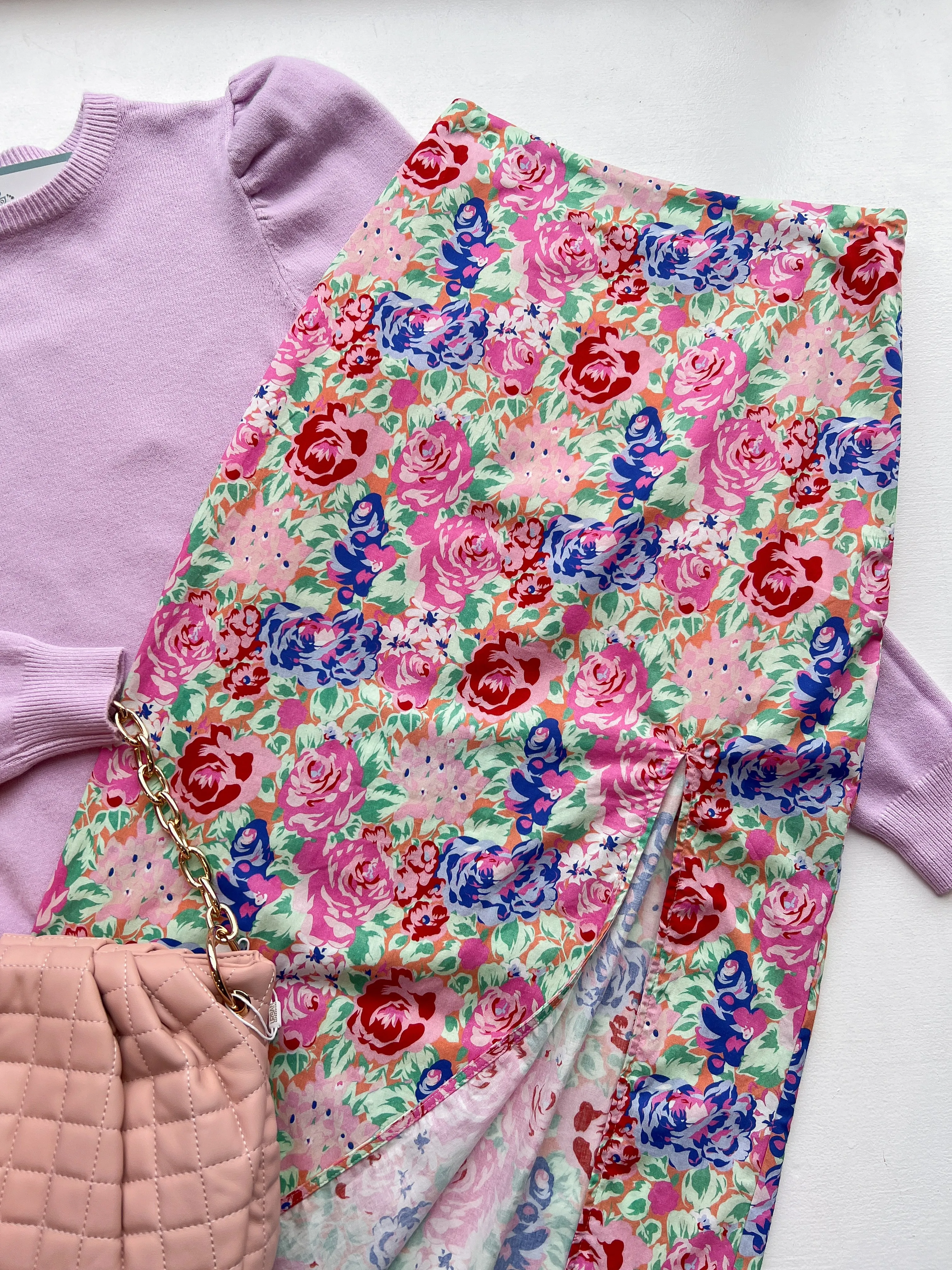 Floral High Waisted Midi Skirt W/ Slit