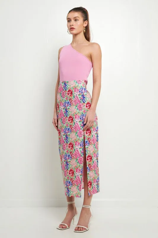 Floral High Waisted Midi Skirt W/ Slit