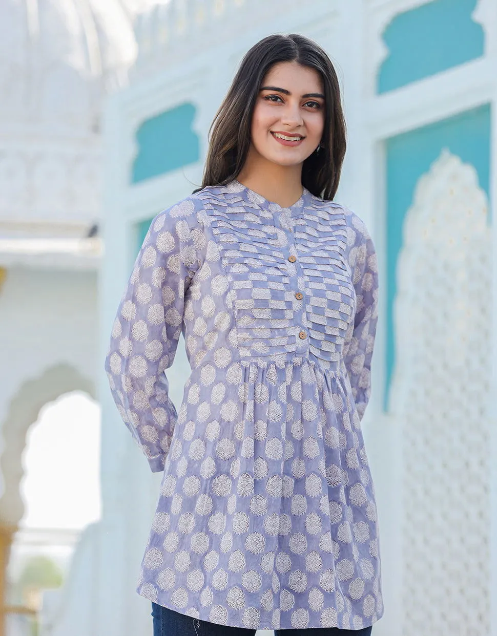 Gray Cotton Handblock Top (Set Of 1)