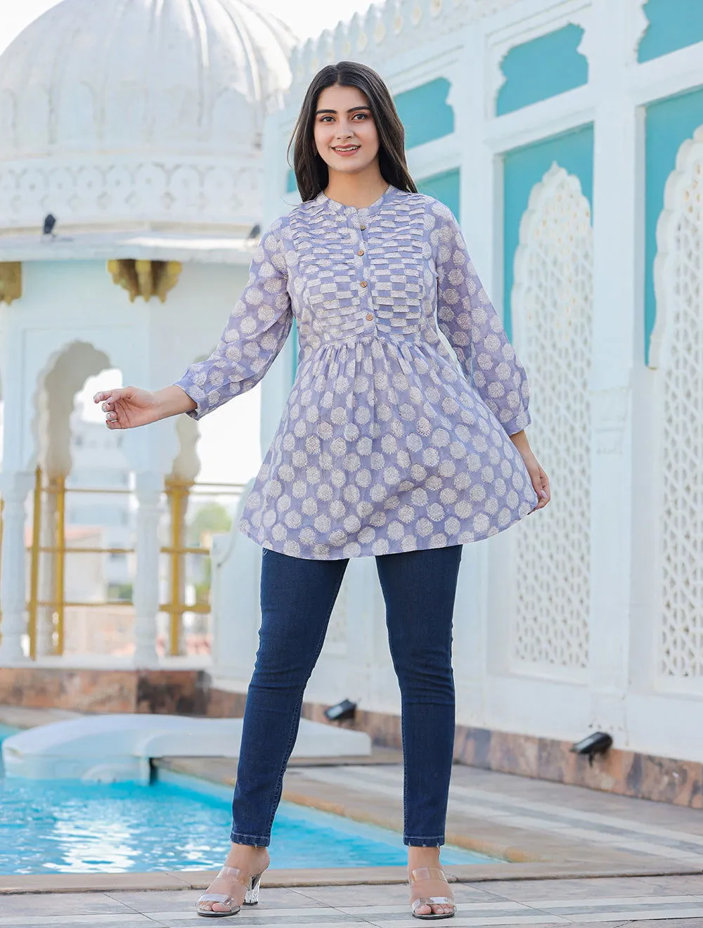 Gray Cotton Handblock Top (Set Of 1)