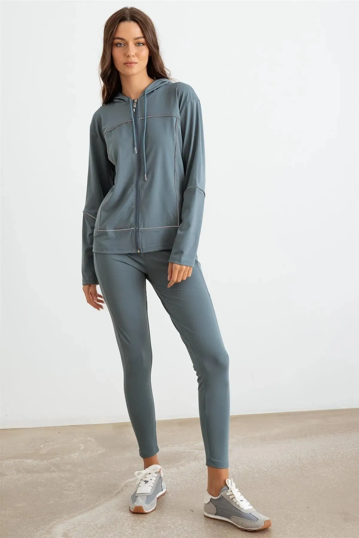 Green Hooded Zip-Up Jacket Luon & Two Pocket Leggings Set /3-3