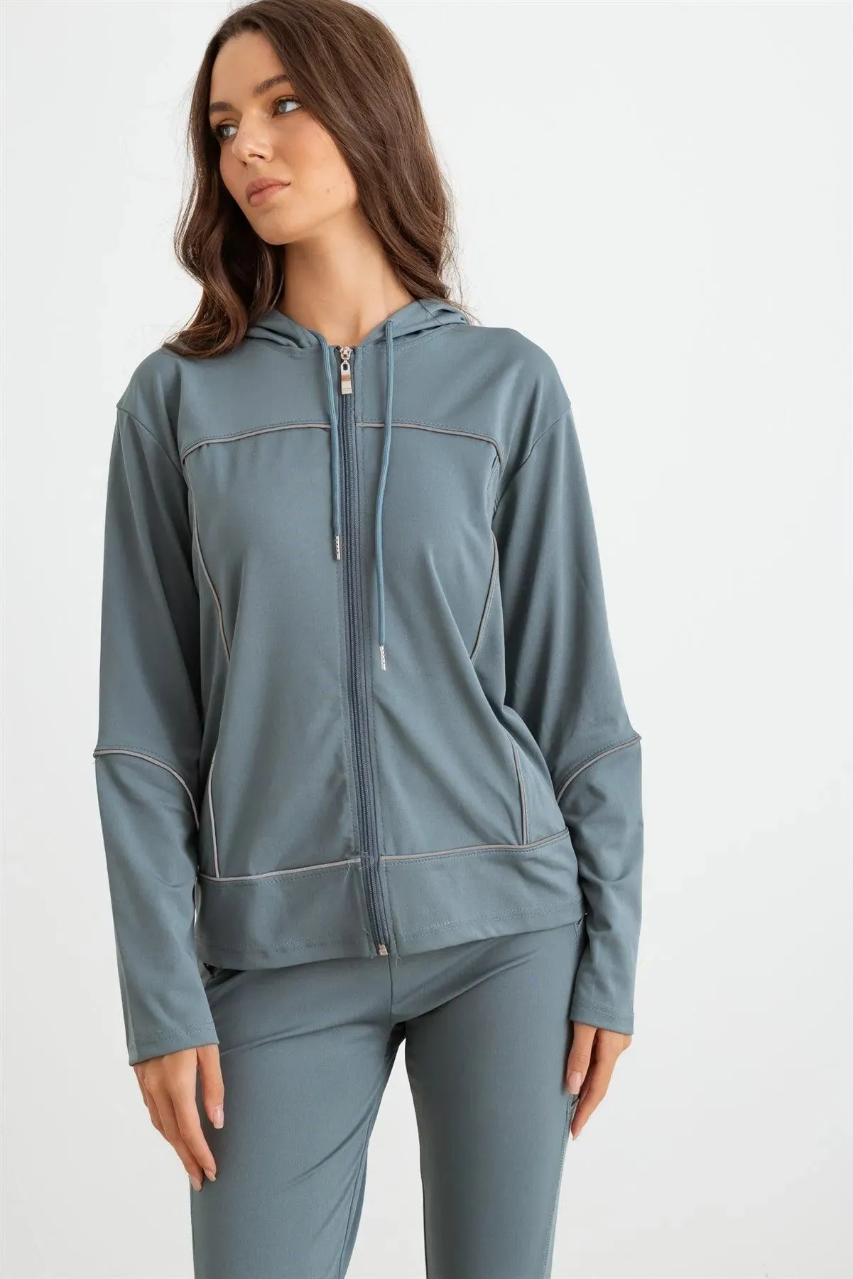 Green Hooded Zip-Up Jacket Luon & Two Pocket Leggings Set /3-3